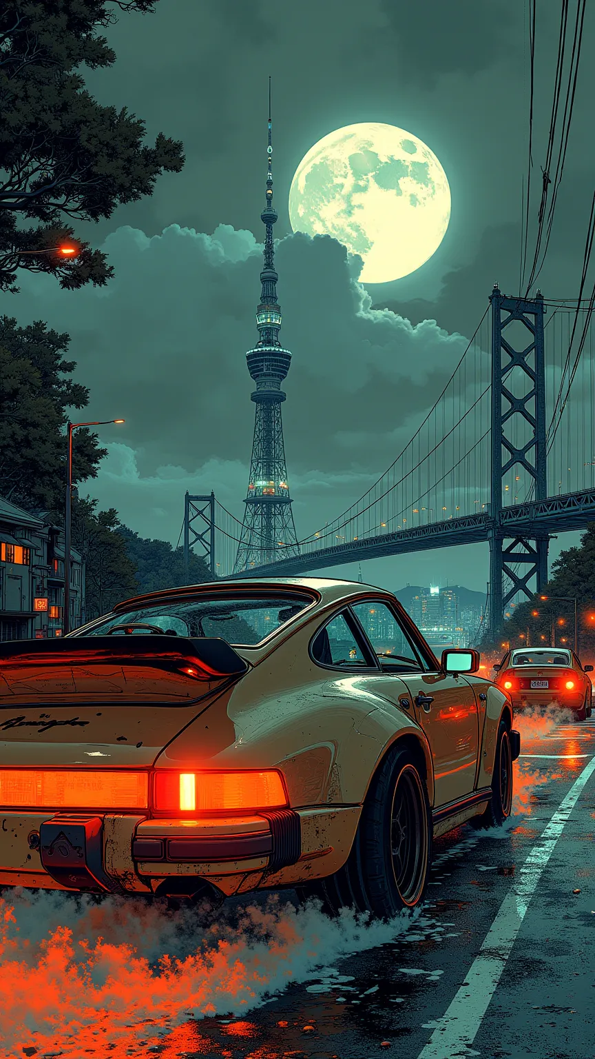  movie poster 、1978s Porsche 911 turbo is speeding up、Cars zipped across the night The Tokyo Bay Bridge, Tokyo Tower, creating a blur of the lines of red taillights、full moon 、The flowing taillight，Scenery flowing 、masterpiece, High Resolution, high detail...