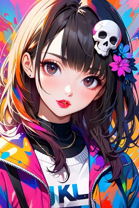 Super realistic and super colorful style,  simple initials ，Abstract art，(((Most Beautiful Girls ))), Kind Face. Lips in Love,   stylish design,  dark eyes, (((  female college student))), ((( skull fashion ))),   Sakura Momoko style