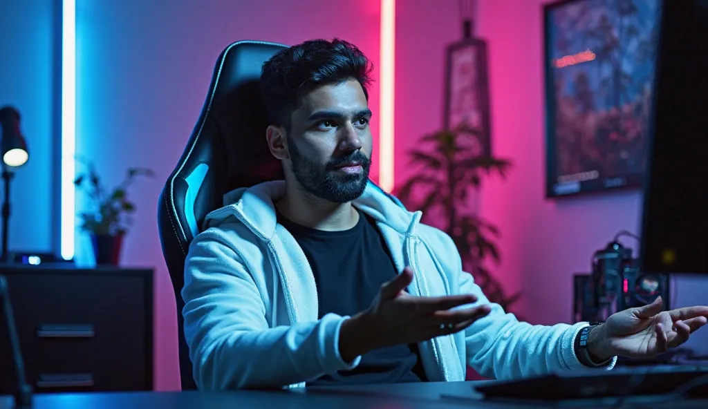 An Indian man confidently on a Modren gaming chair in his your youtube studio, he is wearing bright black t-shirt and white jacket his face is clearly visible and expressive despite and clean beard ,  the man gesturing with his hands, is if explaining some...