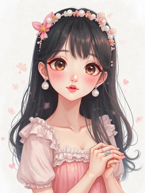 Create a cute Korean girl image with pink makeup and a dress like in the candy image on a white backgr Wear a cute overall and ring.