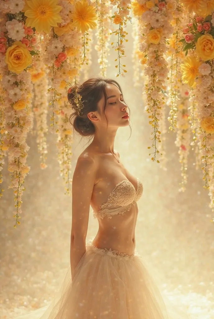 Sensual girl in an endless beige color with hanging flowers that reach the ground in yellow, white and orange colors with the girl in the middle and a sensual costume the flowers that you can see that are close to her body that you can't see so many flower...