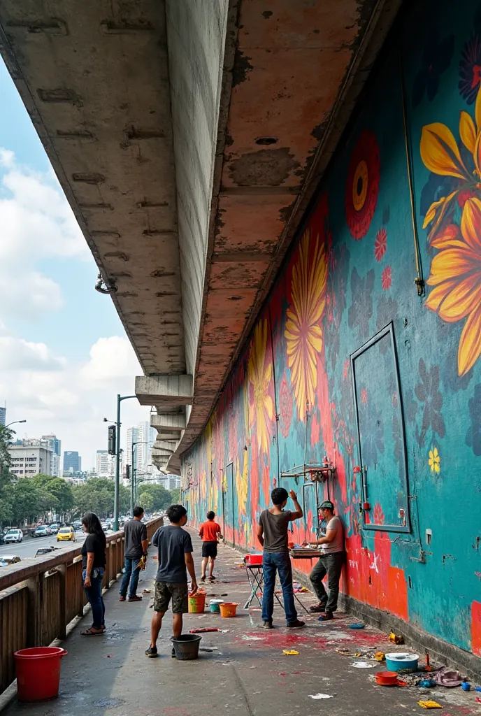 Painting beautiful murals under the bridge in Saigon