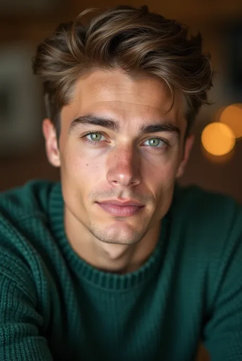 Handsome young man with brown hair and green eyes wearing a green sweater, his features are close