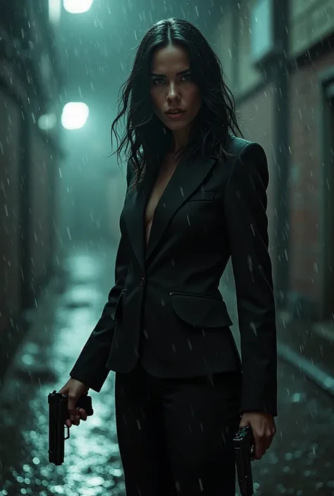 

Prompt:

In the dim light of a rain-drenched alleyway, a woman, who could only be described as the female incarnation of John Wick, stands poised with a deadly grace that belies her lethal intent. Her hair, a cascade of jet-black waves, is slicked back f...