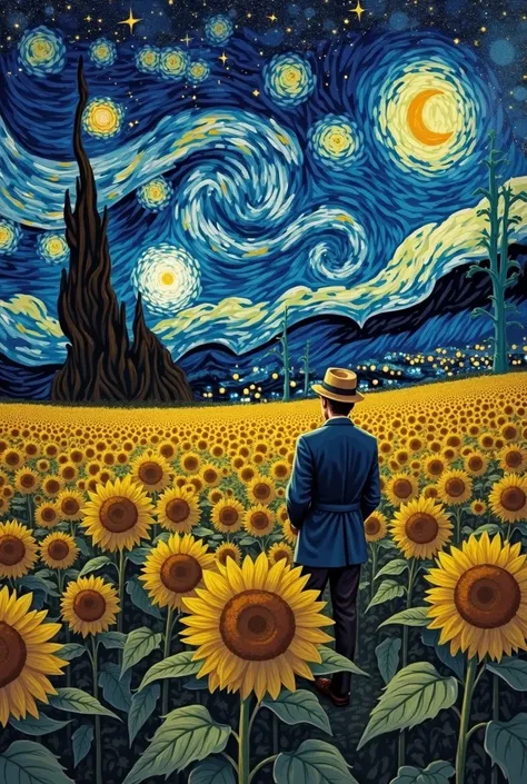 Sunflower field with starry night by Vicent Van Gogh and in the background Vicent van Gogh with his hat