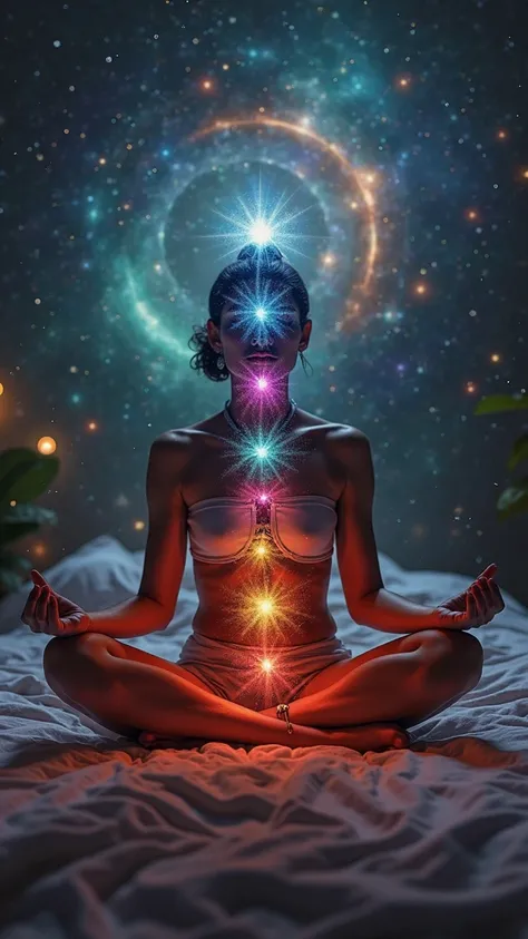 HAboutbre meditando en la cama,few clothes, Spanish features, astral, Chakras, HZ, frequency, cosmos, spiritual,energy, almighty, cAboutplexion media, conectandose con el universo atraves de su Aboutbligo, mantras, About