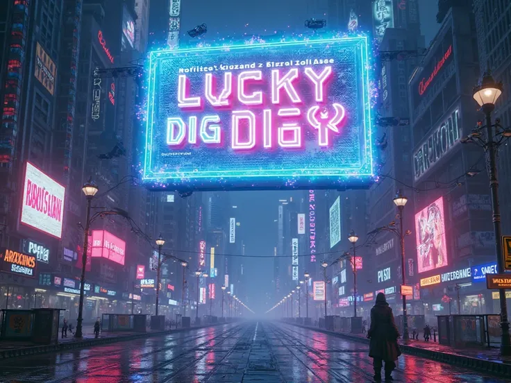 "A massive, glowing cyberpunk-style holographic sign hovering above a futuristic neon-lit cityscape at night. The sign displays: '>>> LUCKY DIG EVENT <<< Today 19:00UTC-20:00UTC (double Chance, half Price)' in bold, high-tech font. The colors of the text a...