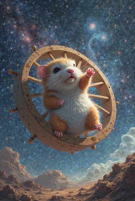 A huge female hamster spinning inside a hamster wheel. Her name is Gloria. Background: Universe and galaxies.