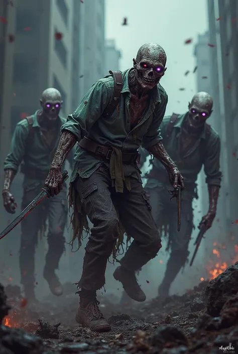 Zombies with knifes and guns with purple eyes 