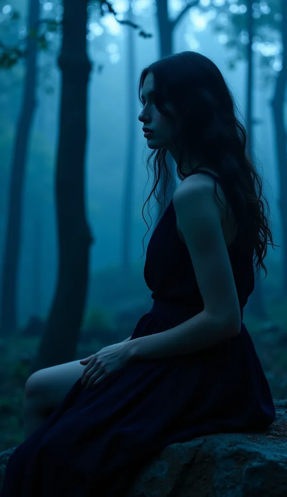 A full body side shot of a woman with dark wavy hair, ((very pale skin)), sitting on a rock in the forest, cinematic shot, portrait, close up, thick mist, ((((deep dark sapphire blue color)))), at night, darkness, shadow, masterpiece, digitalart, painting,...