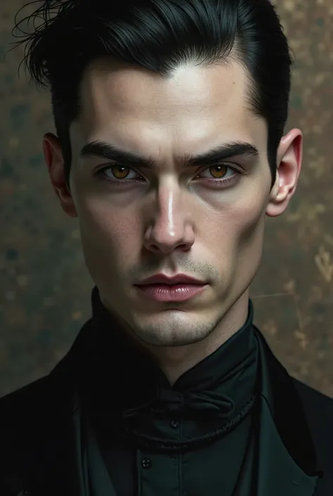 Handsome vampire man with pale skin and hazel eyes, tall black hair pulled up, wearing a black suit, his features close to the screen