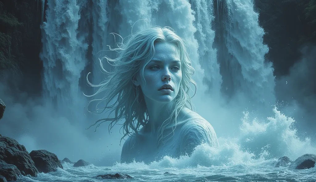 A towering waterfall surges with raw power, but within its rushing torrents, a figure begins to take shape—a woman formed entirely of flowing water, the embodiment of the falls themselves. Her body emerges seamlessly from the cascade, ever-shifting yet unm...