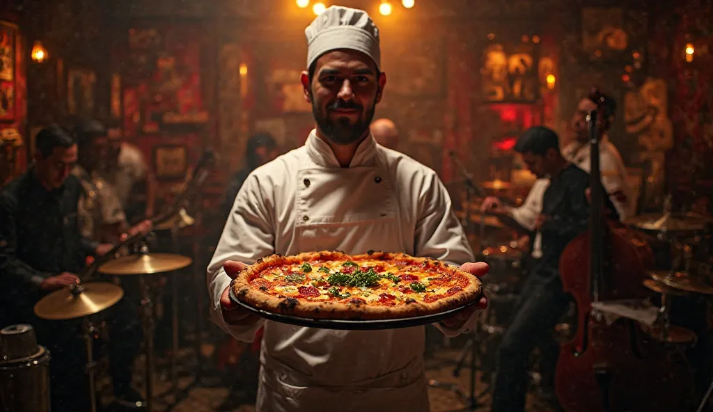 Pizzaiolo with pizza in his hand while at jazz 