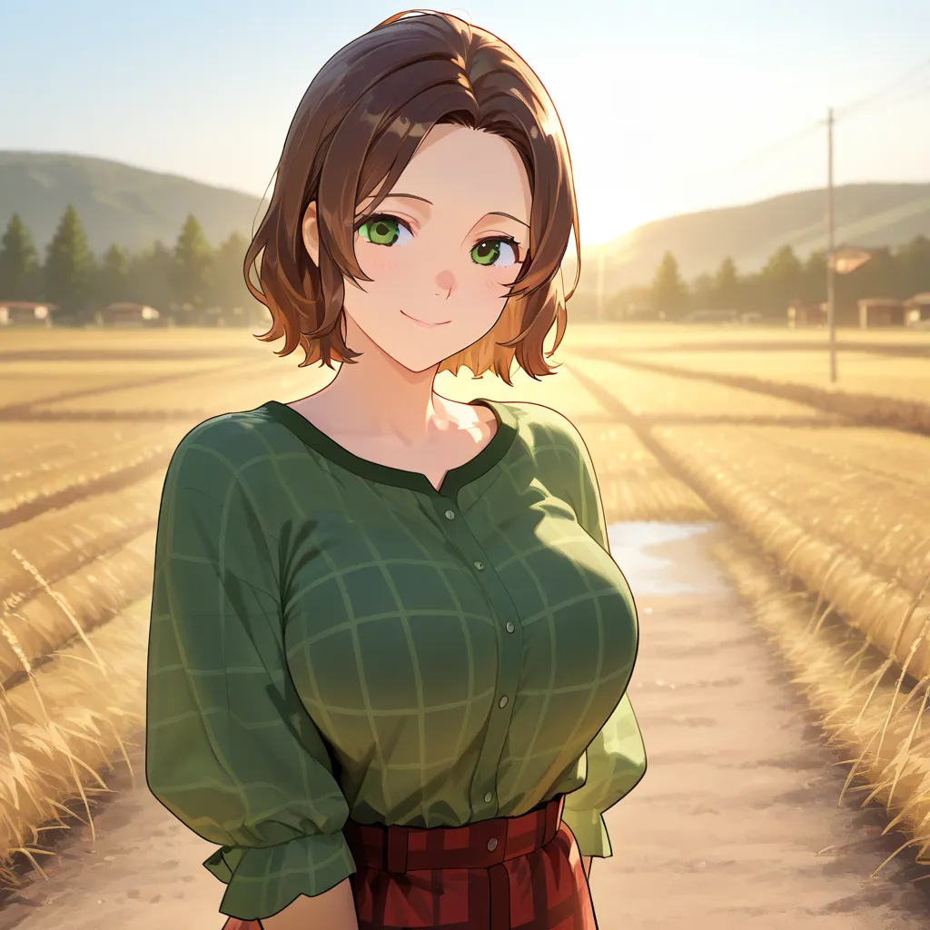 Brown Hair, Very Large breasts, Green Eyes, Flannel Shirt, Red Shirt, Outside, Farm, Medium Hair, Hearts, Solo, Wavy Hair, Loving Smile, Small Smile, Jeans, Mature, 1girl, Solo