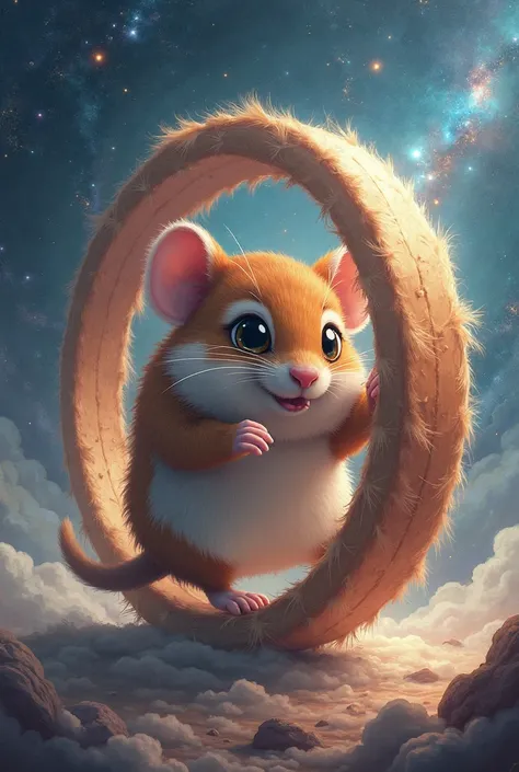 A huge female hamster spinning inside a hamster wheel. His name is "". Background: Universe and galaxies.