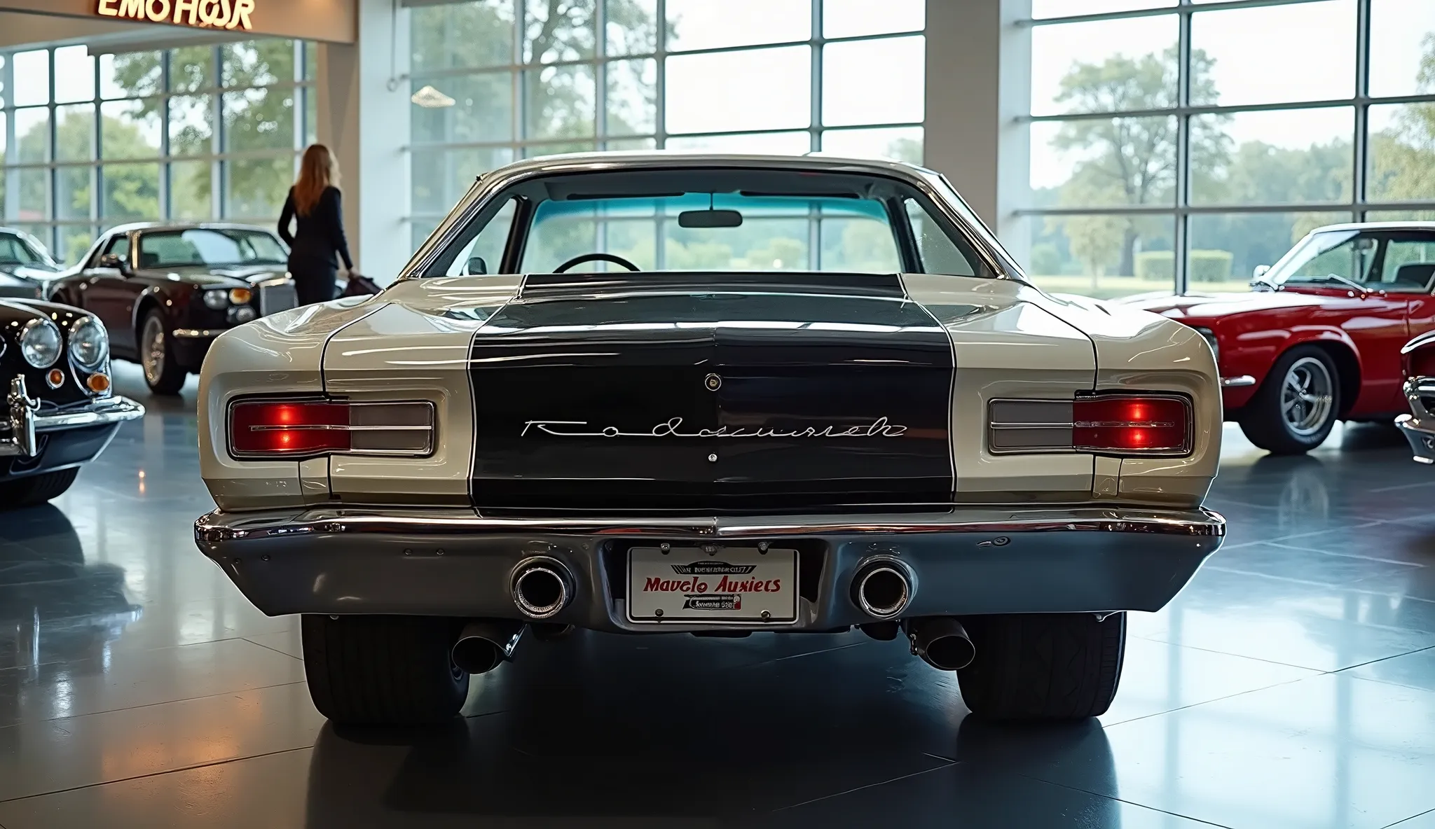 "A detailed rear view of a vintage American muscle car, resembling a late 1960s Plymouth Roadrunner, in shiny black and white color mixup. The car has wide rear tires, dual exhausts, and classic rectangular taillights. A 'Plymouth Roadrunner' badge is plac...