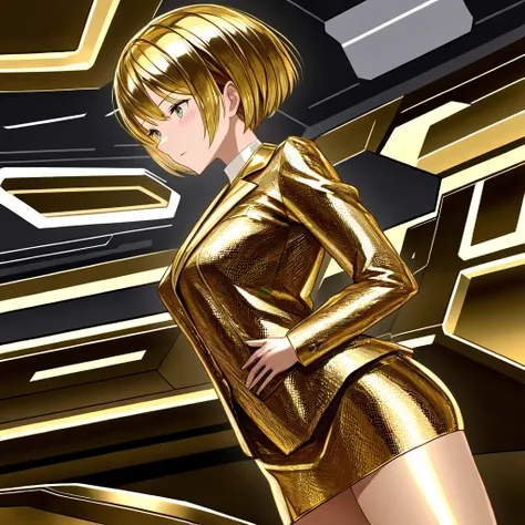  Futuristic Spaceship Interior , 20 years old, female,  beautiful,  cold expression, f, Skin made of shiny gold, shiny gold-colored short hair, Tweed jacket made of shiny gold, Miniskirt made of polished gold, Side view angle