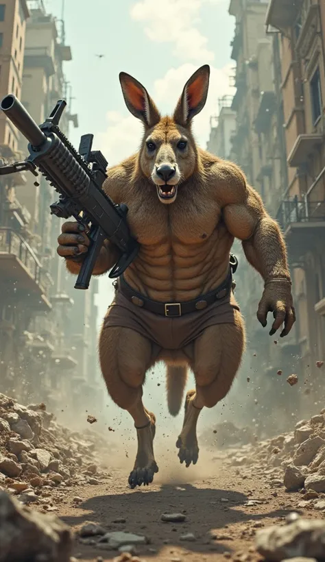 A burly human-bodied kangaroo wielding a machine gun runs in a city that was smashed to pieces