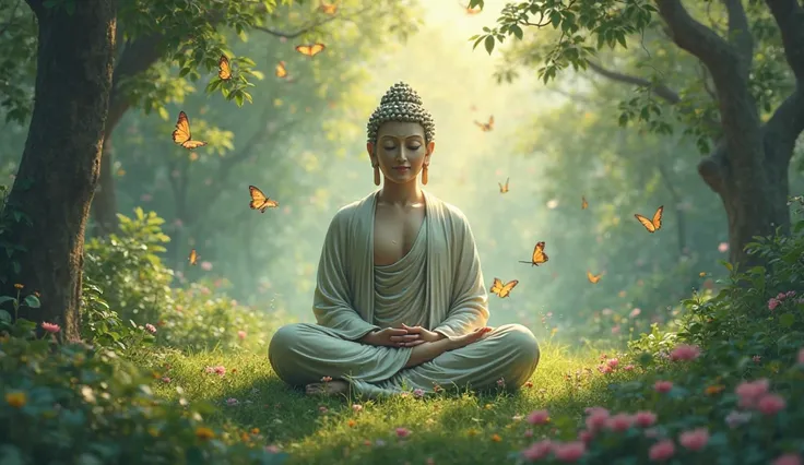 give me a picture of buddha meditating around a green forest surrounded by butterflies