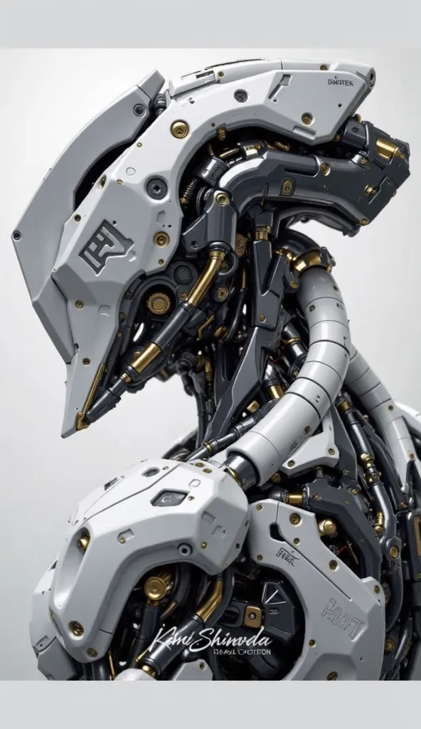 A highly detailed futuristic robotic humanoid with intricate mechanical components, cables, and gears. The robot has a sleek, armored design featuring white and metallic gray plating with gold accents. The head is streamlined, resembling a helmet with a re...