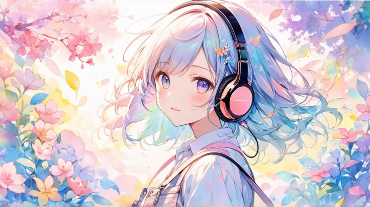 dreamy watercolor scene,  and the delicate shapes are softly colored with pastel colors, the bright neon outlines add modernity, , the notes float gently in the air . magical soundscape in a dreamy watercolor scene, as if melody and nature have merged into...