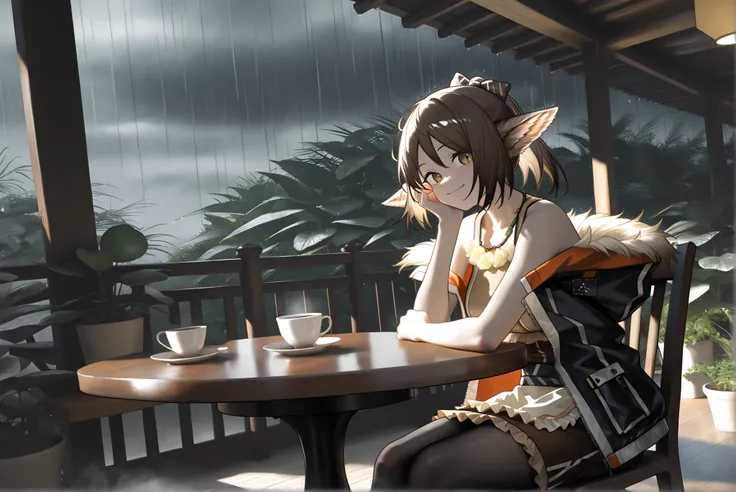 1femal,alone,,,((whole body))。open jacket, waist apron, perfumer, bare arms, bare shoulder, waist apron perfumer sp, pencil skirt, black pantyhose,, brown dress,((perfumer)),((perfumer_\(arknights\))), perfumer_\(arknights\)。,, morning cafe ,storm,Housepla...