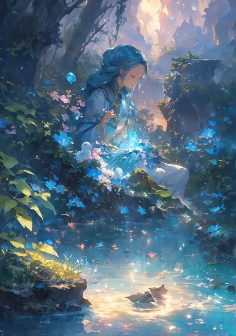 Nature and water at Magic the Gathering,  Creature, Blue Haired Girl Praying,  Anime Fantasy Illustrations ,  anime fantasy art , Beautiful Fantasy Anime, Bubble