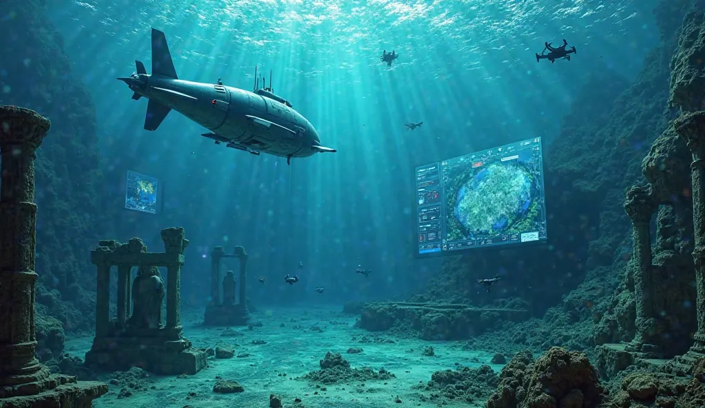 "Showcase a modern-day scene of explorers using advanced technology to uncover the Lost City of Atlantis. In the foreground, a futuristic submarine equipped with deep-sea exploration tools hovers just above the sunken ruins, sending out powerful beams of l...