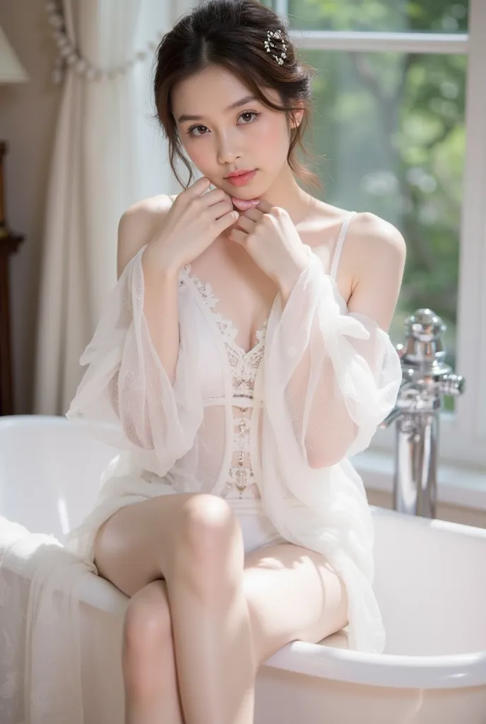 a young woman sitting elegantly on the edge of a white vintage bathtub. She is wearing a delicate white lace outfit with sheer, flowing sleeves, and the fabric drapes gracefully onto the floor. Her hair is styled in a loose, elegant updo adorned with small...