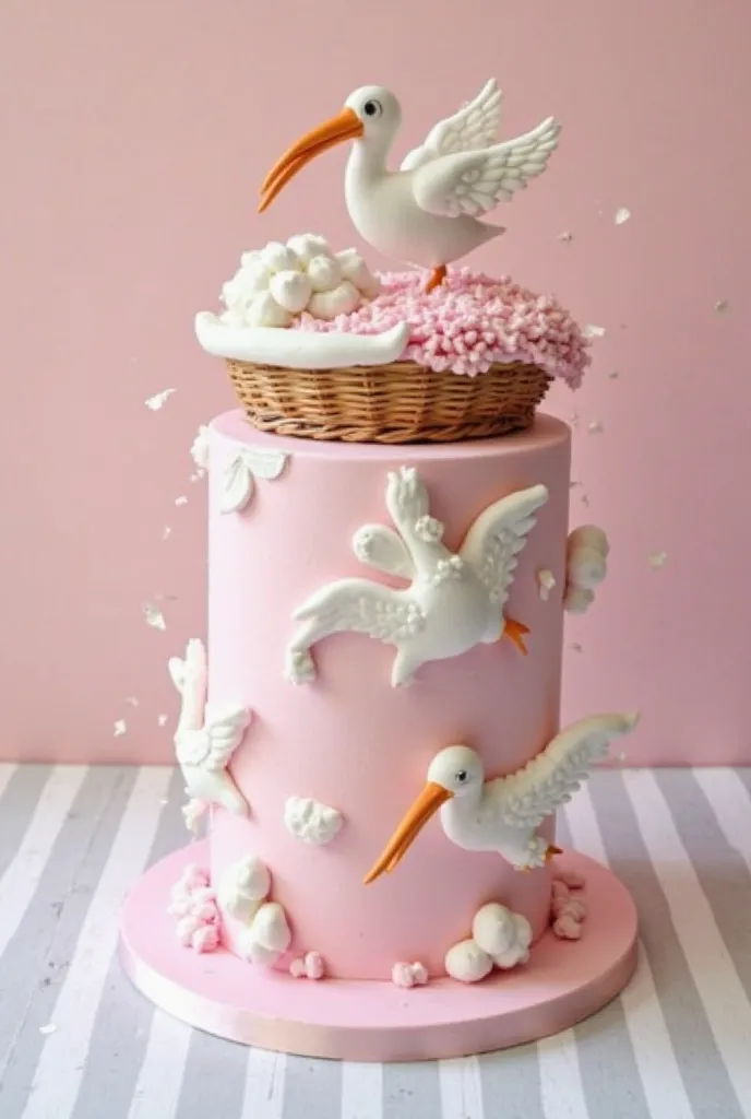  outfit: High cylindrical cake , color baby pink. Around the cake there are long-billed white storks simulating flight. At the top of the cake there is a white cotton of sugar simulating a cloud and a wicker bed with a woven pink blanket that carries a sto...