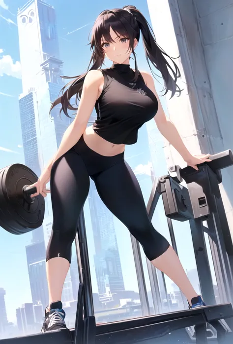 anime girl in a white sleeveless top and black pants posing, character is in her natural pose, fit girl, makoto shinkai ( apex legends ), extremely detailed artgerm, sporty physique, strong pose, chun li at the gym, wearing casual attire, pretty face with ...