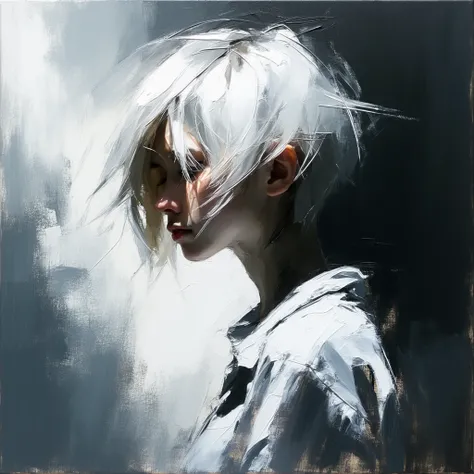 A rough, graffiti-style oil painting sketch of a girl with medium-length, spiky hair, boke, abstract oil painting sketch, rough graffiti-like touch, texture of remaining brush strokes, light from the upper left, expressing light in white, neo-expressionism...