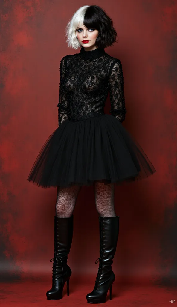 Head to toe picture of emma stone.short,curly hair.half of her hair is black and another half is white. wearing black halloween clothes and mini skirt.high heel boots .red lipstick.black eyeline.pantyhose.
