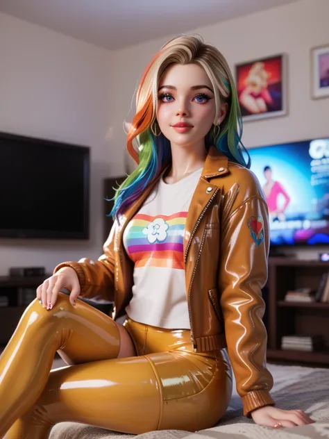   1 girl,  Sits in front of the television in the apartment,   long hair , Multicolored hair , T-Shirt in extrem engem, shiny latex rainbow colors, Shorts , golden latex winter jacket