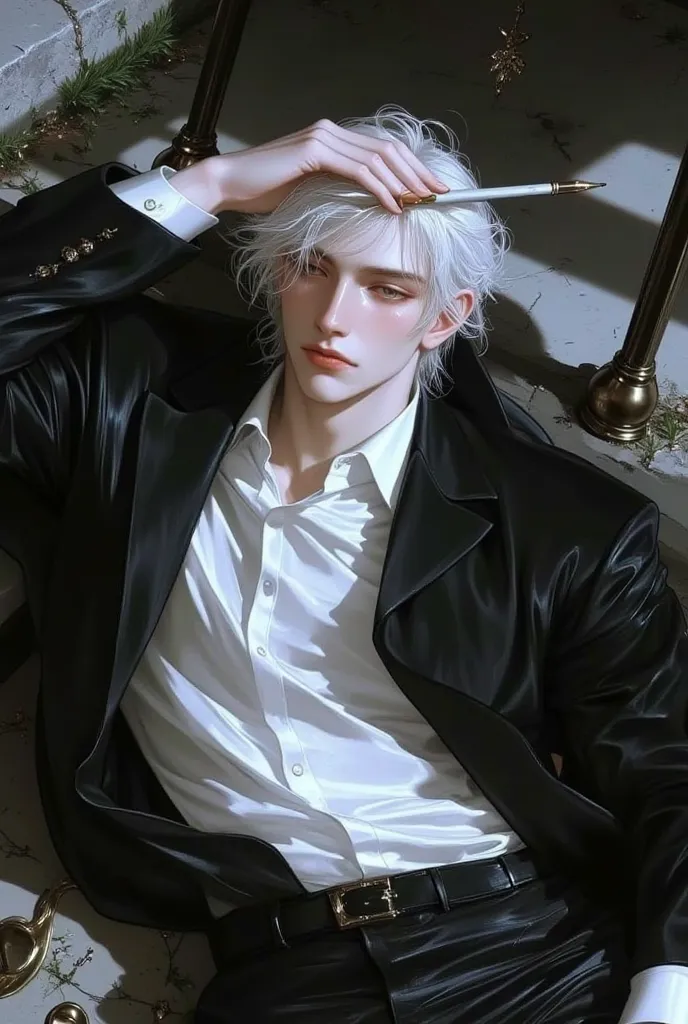 impasto, cool manga style, soft monet bl manhwa brush painting style, (detailed eyes=1.2), irisdiscent skin, high quality, extremely detailed, extremely delicate line, amazing color, masterpiece, 1 man, tall, mascular, handsome, white hair, sharp eyes, low...