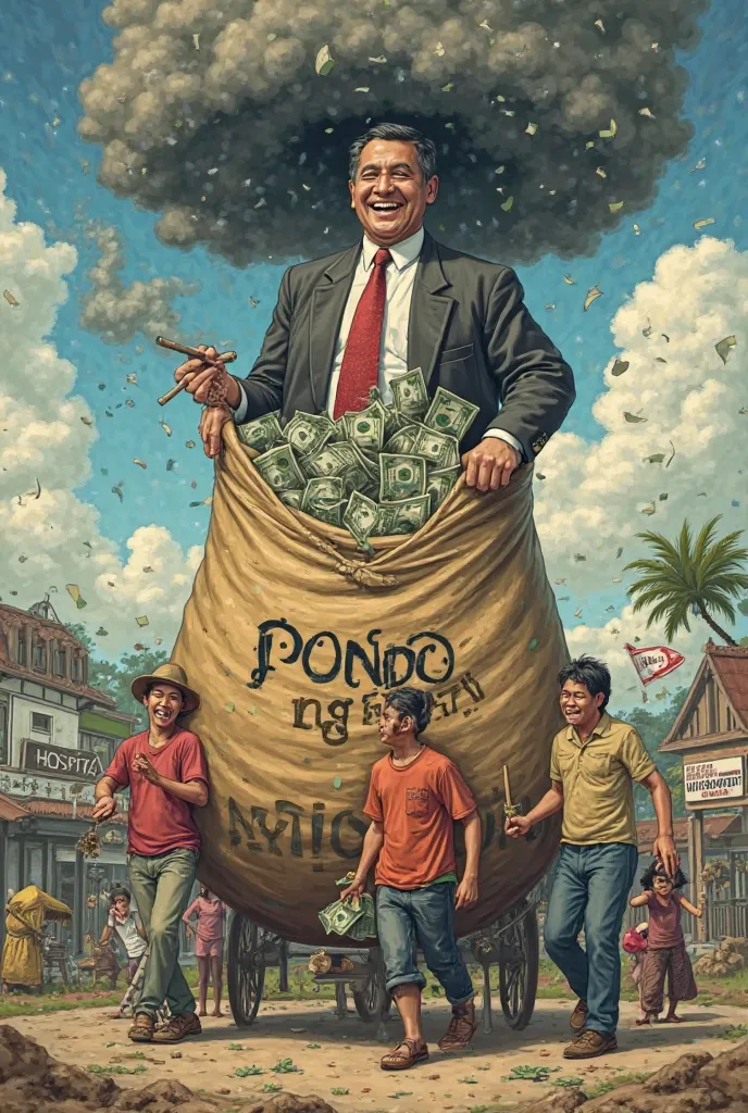 The image shows a large sack labeled "Pondo ng Bayan" (Nation’s Funds) being carried by a group of ordinary citizens—a farmer, a teacher, a construction worker, and a student. They struggle to lift the sack, visibly tired and sweating. However, at the top ...