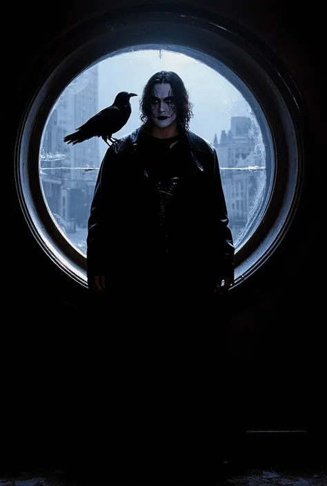 Create Brandon Lee in the Dark going ar a round window looking down outside the city With a crow on his shoulder 