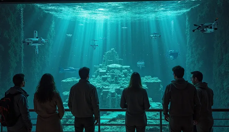  "Depict an intense, dramatic scene where scientists and archaeologists are on the verge of uncovering the truth behind the Lost City of Atlantis. In the foreground, a group of researchers stands on the deck of a high-tech exploration vessel, gazing in awe...