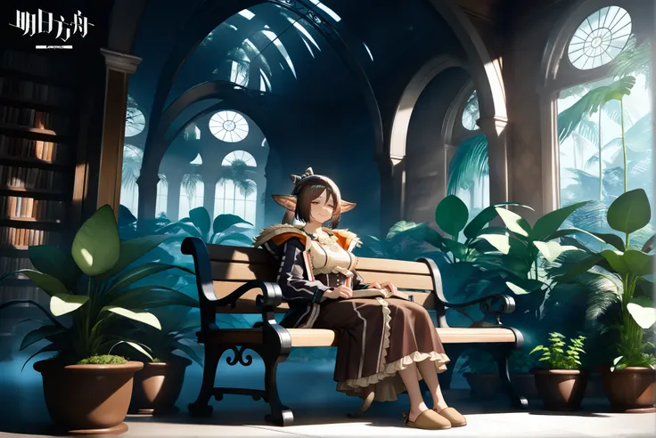 ,(large jungle-like botanical garden:1.5)(Lots of plants:1.3)(Benches and tables:1.2),A woman is sitting, Smile,,,,,, 1girl , Perfumer, brown dress, brown slippers, in a library, bookshelf, holding book,,((Perfumer)),((Perfumer_\(arknights\))), Perfumer_\(...