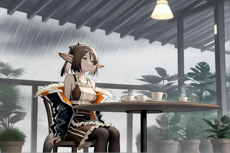 1femal,solo,,((whole body))。open jacket, waist apron, perfumer, bare arms, bare shoulder, waist apron perfumer sp, pencil skirt, black pantyhose,, brown dress,,(((perfumer_\(arknights\)))),,, morning cafe ,storm,Houseplants,heavy rain, cafe table,Outdoor t...