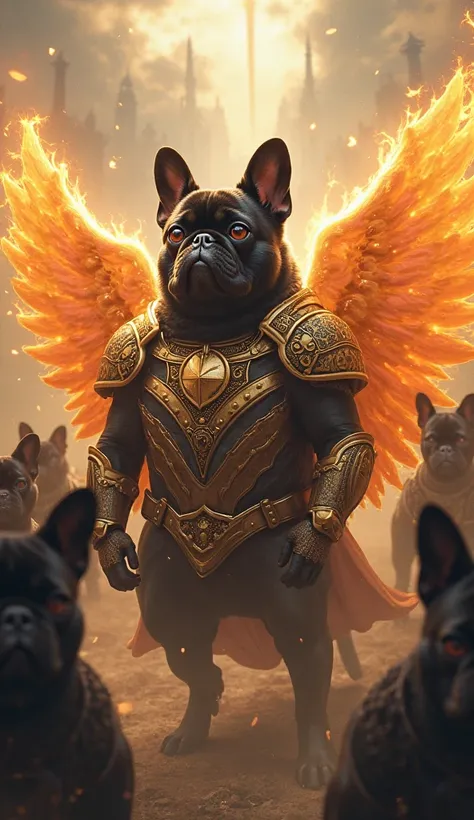 A black pug is a fire angel with armor in heaven next to an army of black pugs 