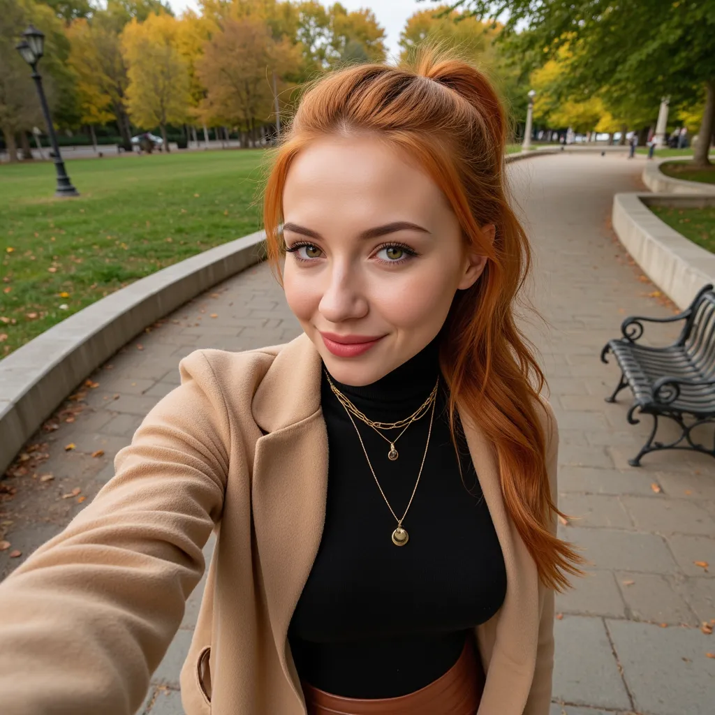 1 Full-body portrait. A breathtaking 30-year-old French woman with radiant porcelain skin, deep green eyes, naturally full lips, and a mesmerizing, radiant smile. Her long, fiery red hair cascades around her face in soft waves, a sleek ponytail, or a tousl...