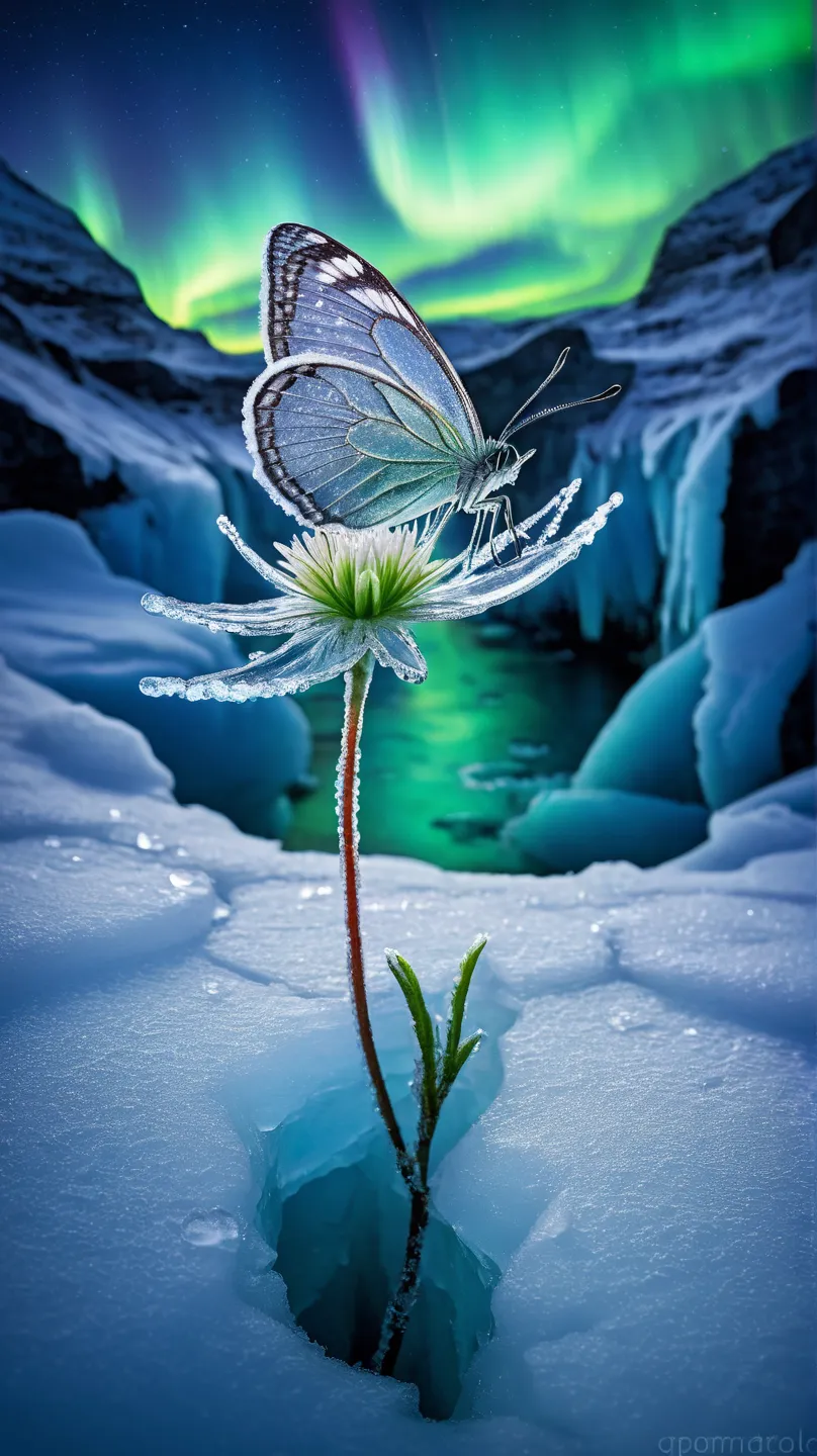 Ice Land、One ice flower is blooming from a rift in the ice、An ice butterfly flying around a flower、 Snowflakes、 auroras、Spotlight、glitter effect to mask,  lens flare, background blur, 