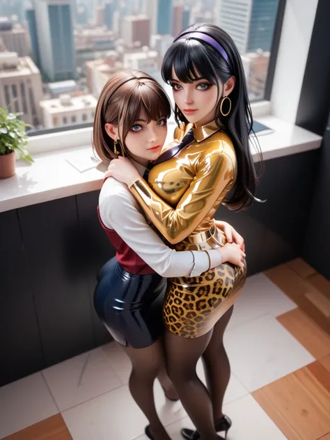 2 girls,     in an extremely tight   ,    shiny gold latex polo shirt, drives through the city , Leggings,     Hidden Hair Coloring,  reflection ,     reflecting light   ,    high resolution,    masterpiece , necktie, long tight skirt ,  very shiny skin , ...