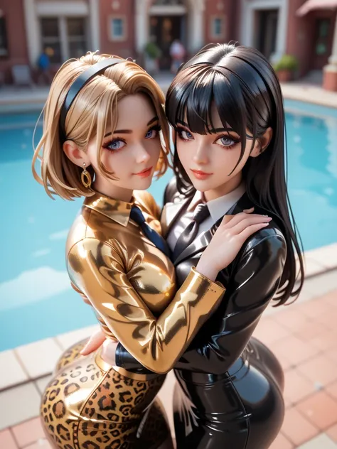 2 girls,     in an extremely tight   ,    shiny gold latex polo shirt, drives through the city , Leggings,     Hidden Hair Coloring,  reflection ,     reflecting light   ,    high resolution,    masterpiece , necktie, long tight skirt ,  very shiny skin , ...