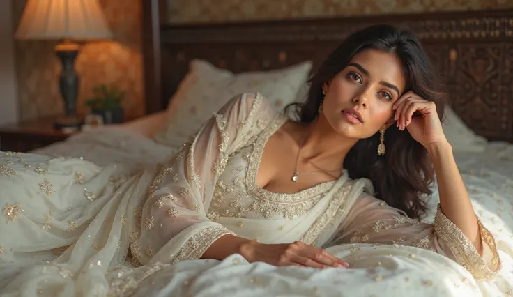 A sensual young girl lying on the bed, she is in a white suit salwar looking with very lustful eyes