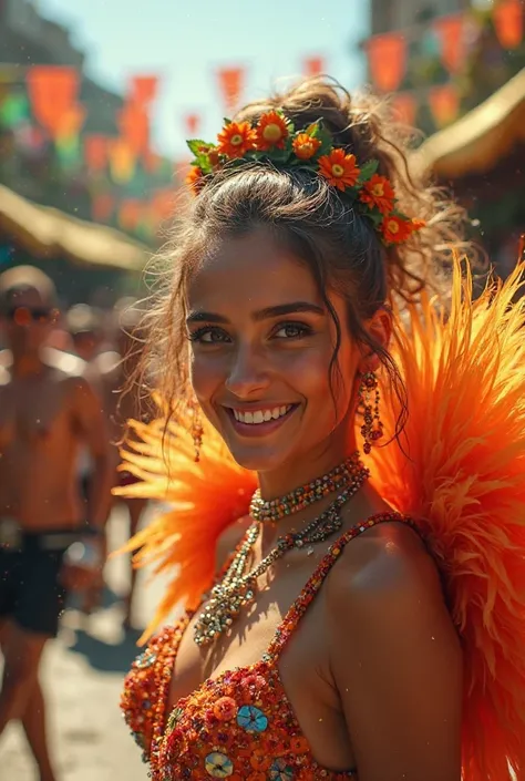 Промт:
cinematic still, vibrant, colorful, Brazilian samba festival, 20-year-old girl, costumed dancer, adorned with feathers and sequins, expressive pose, happy gaze, crowd in celebration, tropical decorations, lively atmosphere, warm sunlight casting pla...