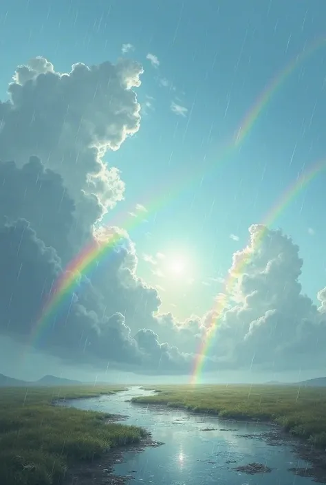 Visualization of clear sky after rain, with rainbows appearing.  Text Appears : "Rain is a silent witness to Earth's history.")*