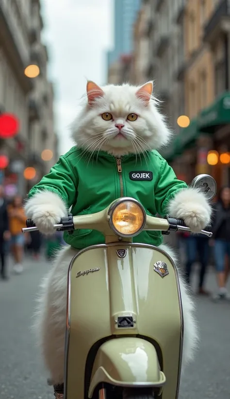 A fluffy white Persian cat wearing a green jacket with the word "GOJEK" printed on it is riding a classic scooter, either a moped or a Vespa. The cat looks confident, gripping the handlebars with its paws while sitting upright. The scene is set on a bustli...