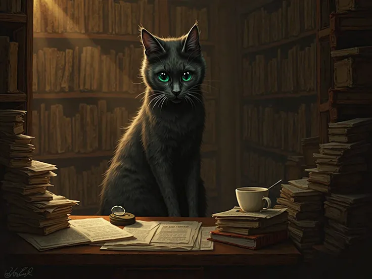 un chat noir luisant avec de grands yeux verts perçants. Dans Son bureau improvisé dans une vieille bibliothèque poussiéreuse, avec une loupe posée sur un tas de journaux et des rayons de lumière traversant les étagères. Toujours calme et concentré, avec u...